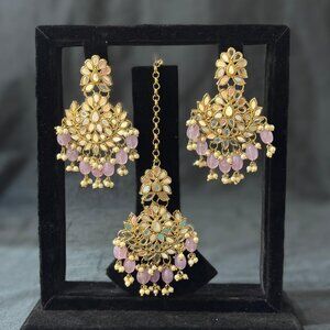 Gold-Plated Lilac Beaded Jhumka Earrings with Maang Tikka